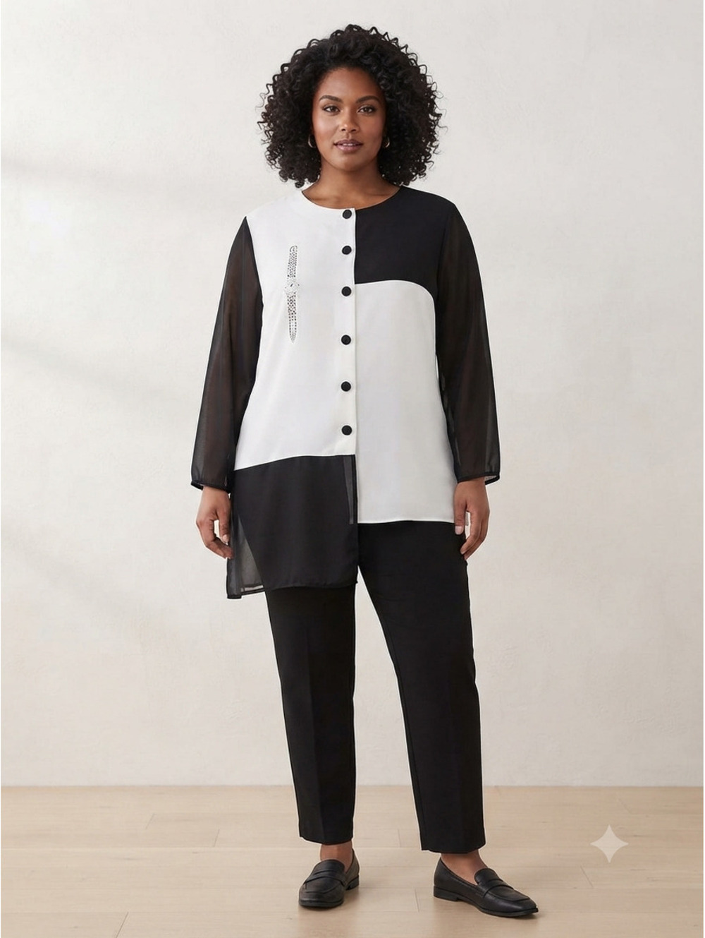 Black and White Color Block Button-Up Tunic with Sheer Sleeves and Watch‎ Detail - Picture 1 of 8